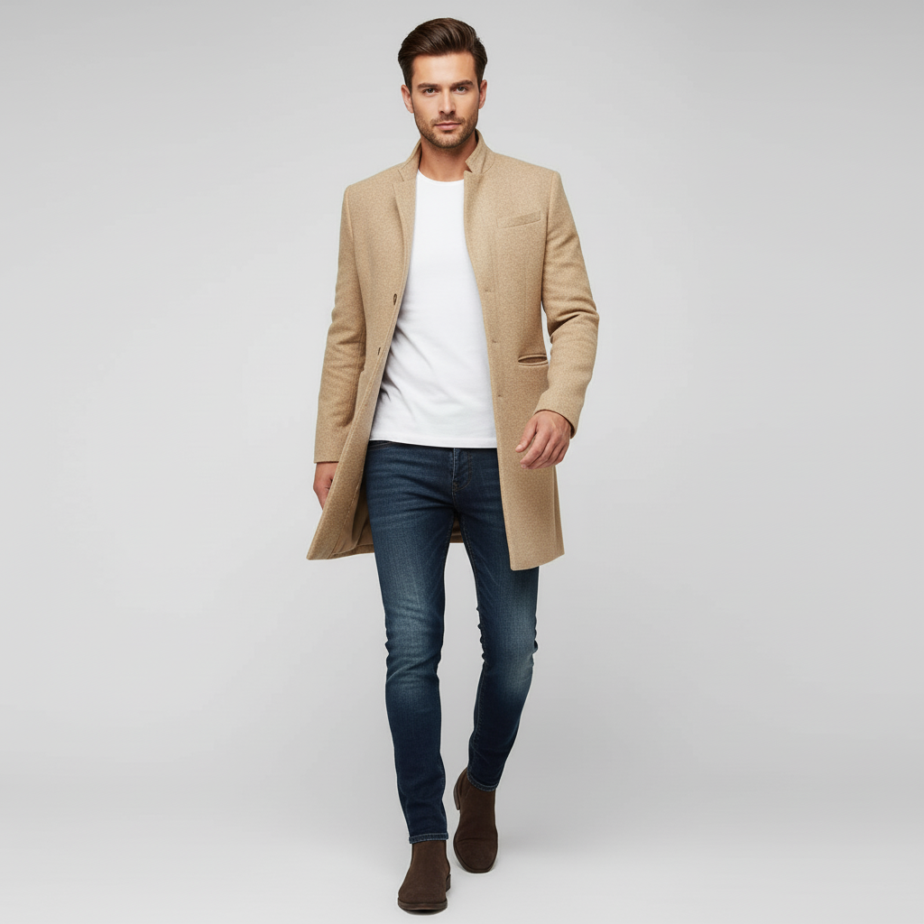 Elegant enkelknäppt långkappa herr. Minimalistisk design, tidlös stil. Perfekt ytterplagg för mode & fest.