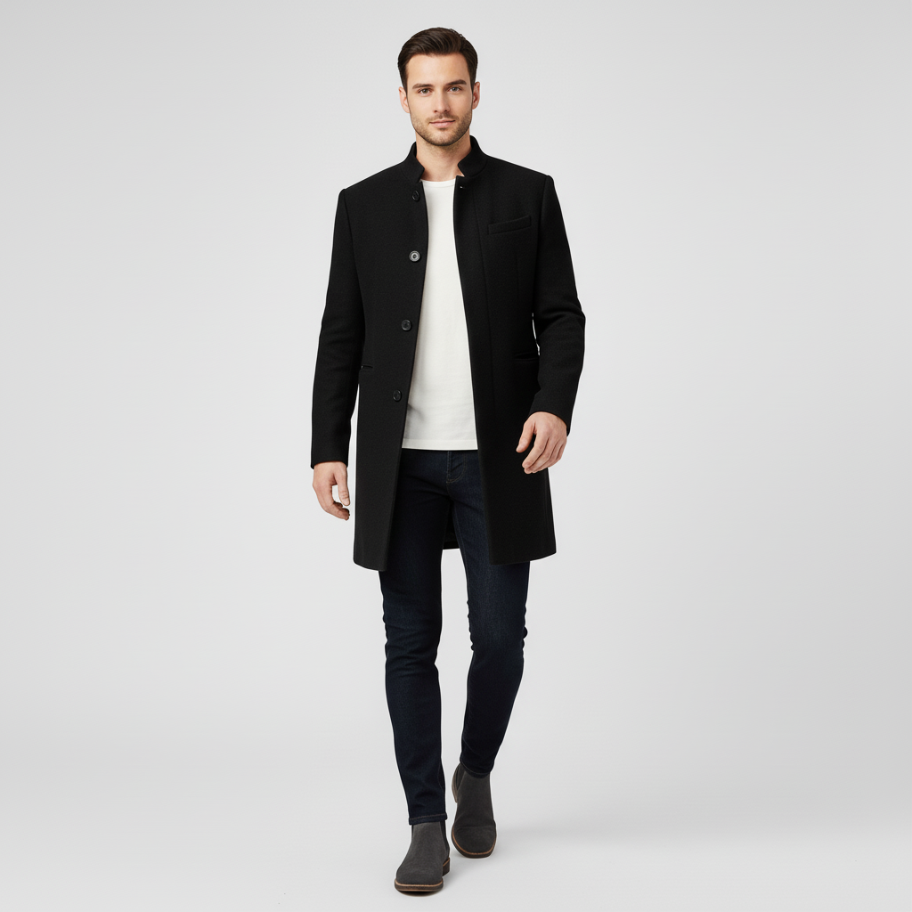 Detaljbild av minimalistisk långkappa herr. Enkelknäppt design, premiumtyg. Elegant & tidlöst mode.