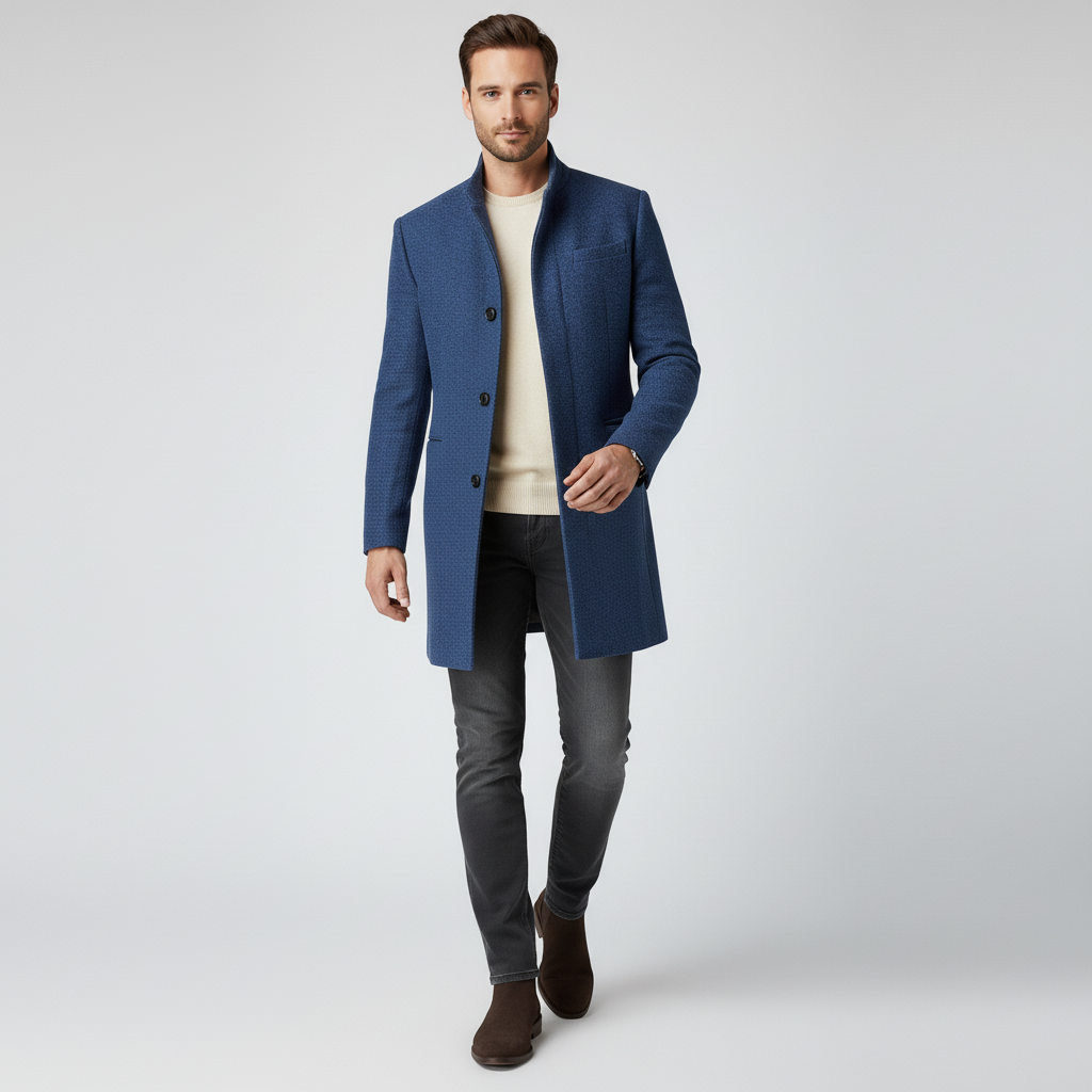 Herr i grå minimalistisk enkelknäppt långkappa. Elegant kontorsstil, tidlöst ytterplagg för mode.