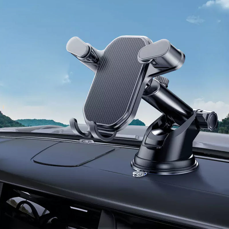 "Svart mobilhållare för bil med krokfäste och 360° rotering. Stabiliseras effektivt mot vibrationer och ojämna vägar."