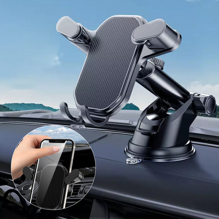 "Svart mobilhållare för bil med krokfäste och 360° rotering. Stabiliseras effektivt mot vibrationer och ojämna vägar."