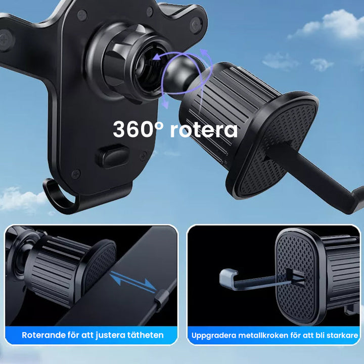 "Svart mobilhållare för bil med krokfäste och 360° rotering. Stabiliseras effektivt mot vibrationer och ojämna vägar."