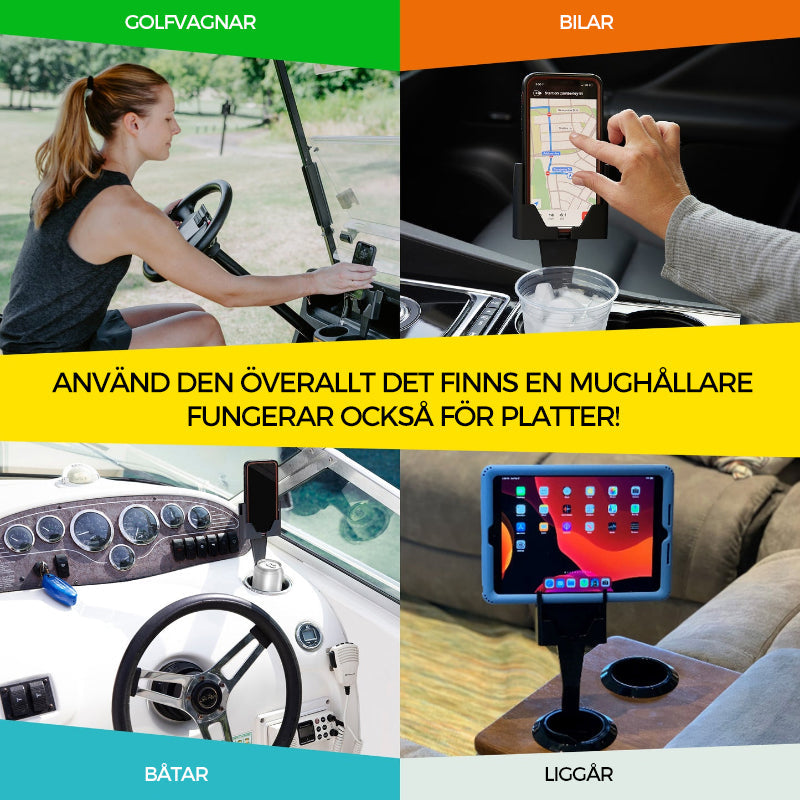 "Svart mobiltelefonhållare med 2-i-1-design och mugghållare, passar i bilens mugghållare, för bättre körupplevelse."