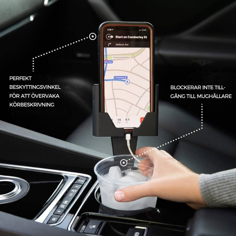 "Svart mobiltelefonhållare med 2-i-1-design och mugghållare, passar i bilens mugghållare, för bättre körupplevelse."