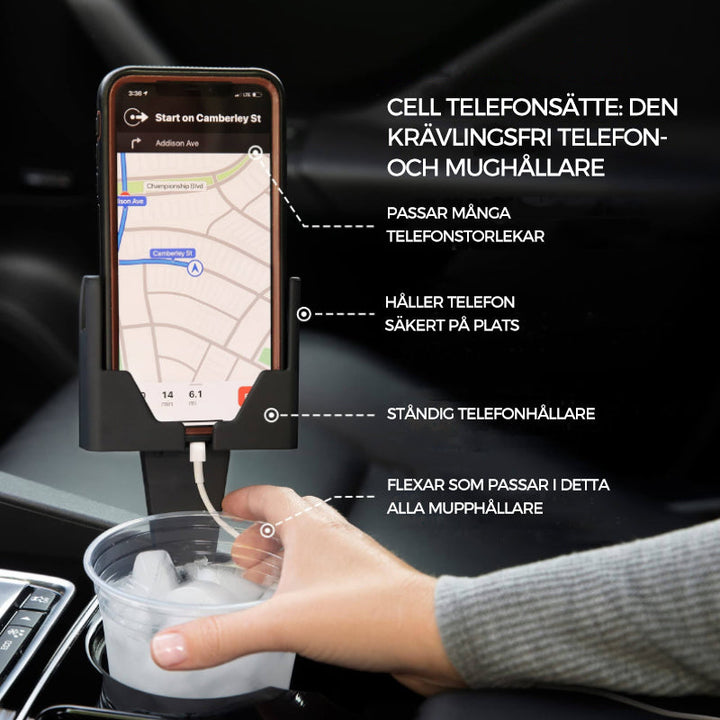 "Svart mobiltelefonhållare med 2-i-1-design och mugghållare, passar i bilens mugghållare, för bättre körupplevelse."