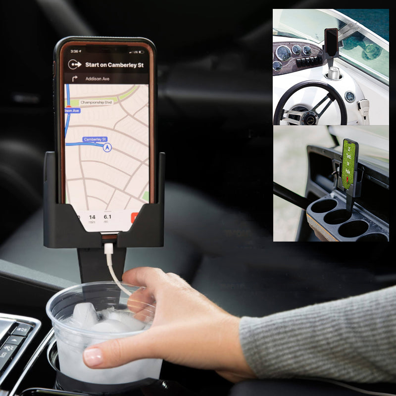 "Svart mobiltelefonhållare med 2-i-1-design och mugghållare, passar i bilens mugghållare, för bättre körupplevelse."