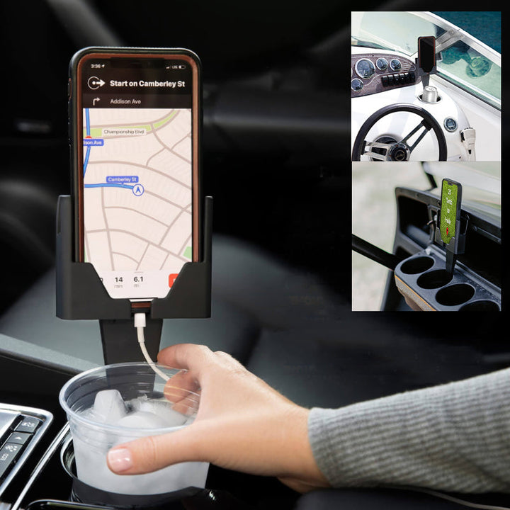 "Svart mobiltelefonhållare med 2-i-1-design och mugghållare, passar i bilens mugghållare, för bättre körupplevelse."