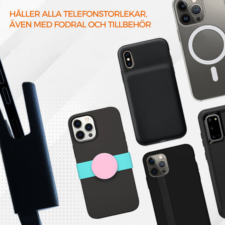"Svart mobiltelefonhållare med 2-i-1-design och mugghållare, passar i bilens mugghållare, för bättre körupplevelse."