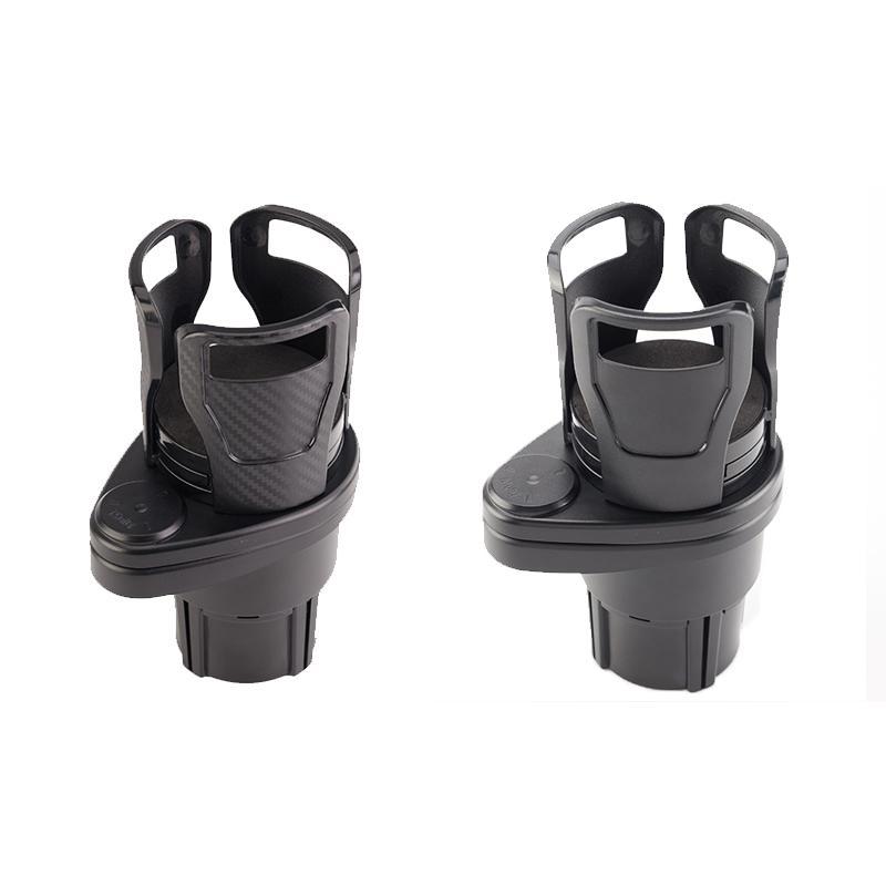 "Svart modern bil mugghållare med justerbar bas och shockproof kuddar, kompakt design för två drycker, 360° roterbar."