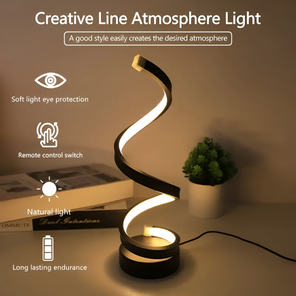 Elegant svart bordslampa med dimbar LED och justerbar färgtemperatur, utmärkande spiraldesign.