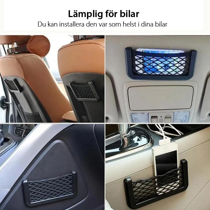 "Svart nätficka för bilens förvaring, elegant design, perfekt för småsaker, enkel installation på dörrsida med tejp."