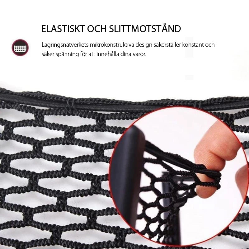"Svart nätficka för bilens förvaring, elegant design, perfekt för småsaker, enkel installation på dörrsida med tejp."