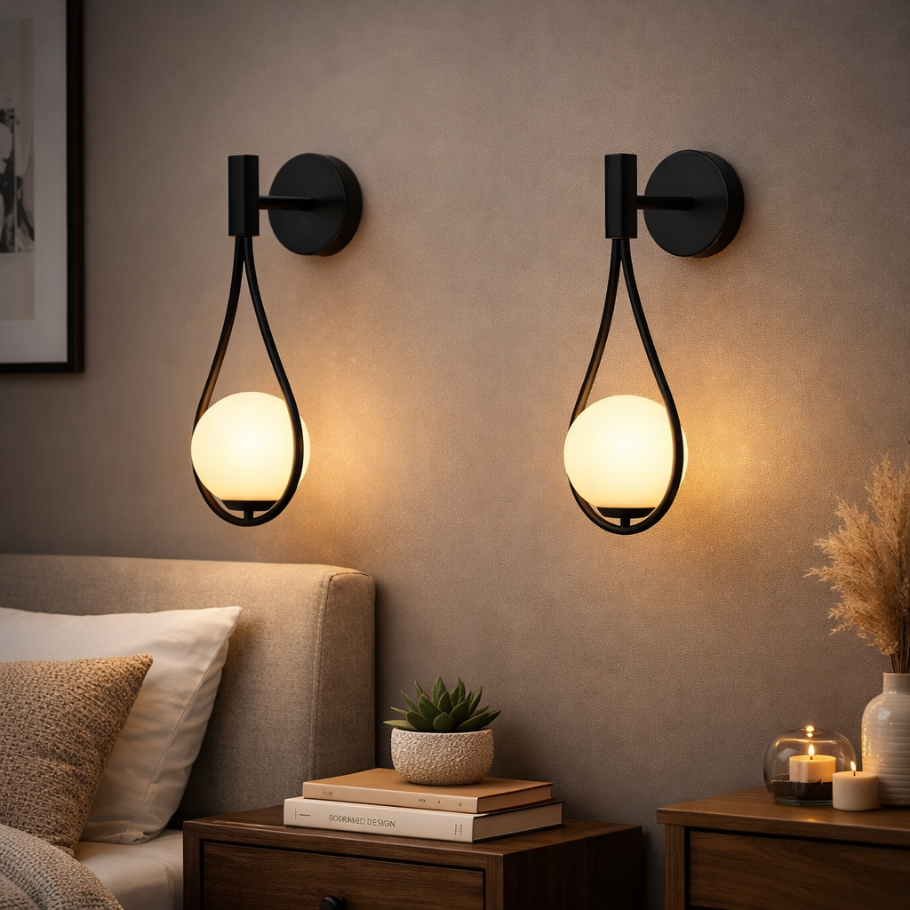 Stilren svart-guld vägglampa, modern inredningsdetalj som lyser upp hallen och ger ett mysigt sken.