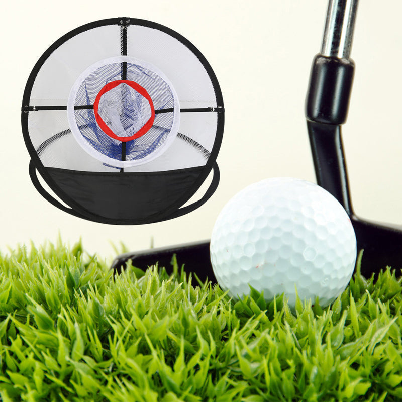 Svart nylon flisnät för inomhus golfträning, tre lager, bärbar design. Perfekt för förbättrad chippning och precision.