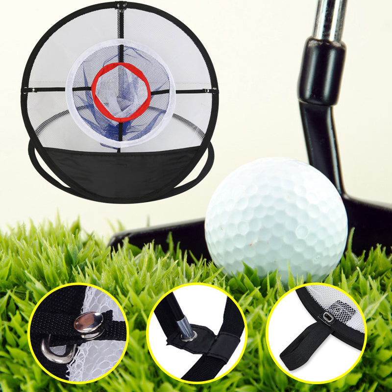 Svart nylon flisnät för inomhus golfträning, tre lager, bärbar design. Perfekt för förbättrad chippning och precision.