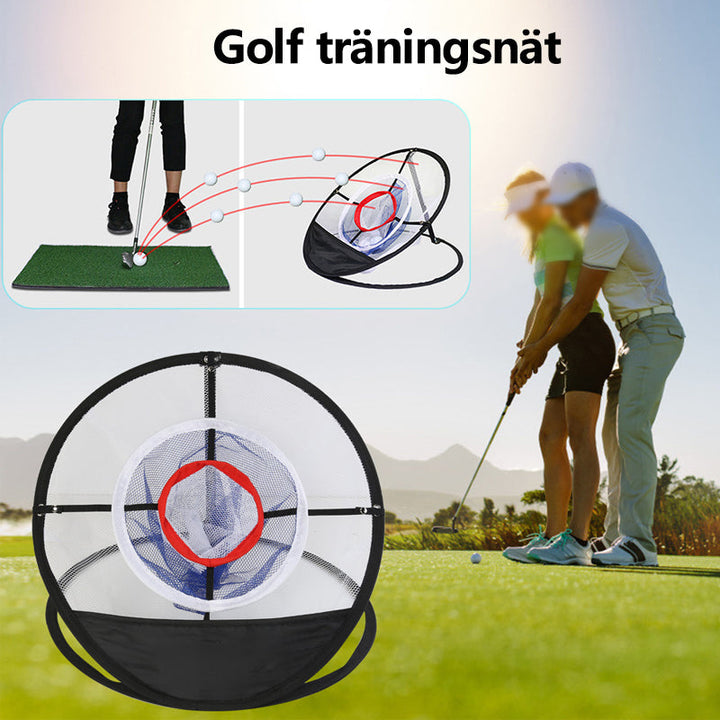 Svart nylon flisnät för inomhus golfträning, tre lager, bärbar design. Perfekt för förbättrad chippning och precision.