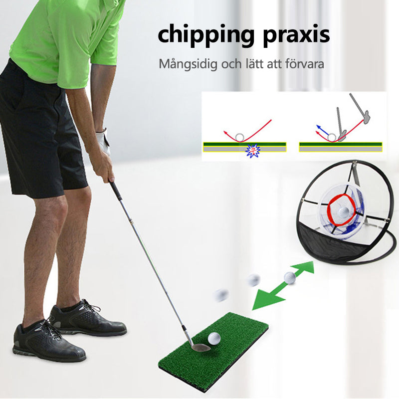 Svart nylon flisnät för inomhus golfträning, tre lager, bärbar design. Perfekt för förbättrad chippning och precision.