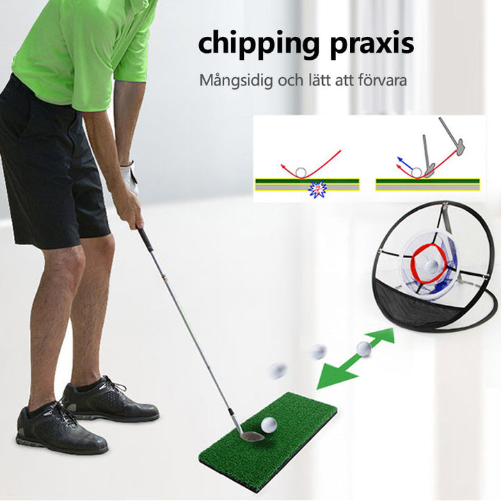 Svart nylon flisnät för inomhus golfträning, tre lager, bärbar design. Perfekt för förbättrad chippning och precision.