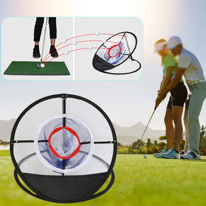 Svart nylon flisnät för inomhus golfträning, tre lager, bärbar design. Perfekt för förbättrad chippning och precision.