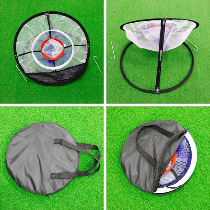Svart nylon flisnät för inomhus golfträning, tre lager, bärbar design. Perfekt för förbättrad chippning och precision.