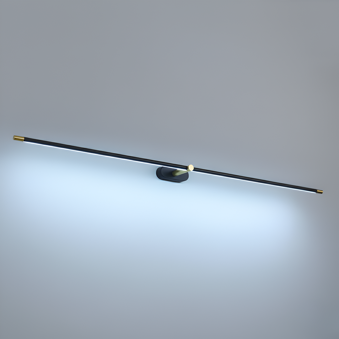 Närbild på modern LED-vägglampa i svart och guld, visar den eleganta finishen och minimalistiska designen.
