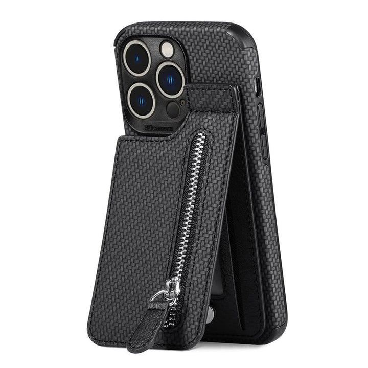 "Svart och kaki plånboksfodral för iPhone med kolfiberläder och magnetlås, kreditkortshållare och stötskydd."