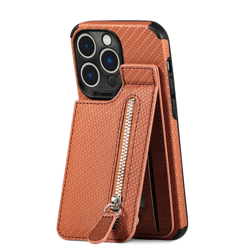 "Svart och kaki plånboksfodral för iPhone med kolfiberläder och magnetlås, kreditkortshållare och stötskydd."