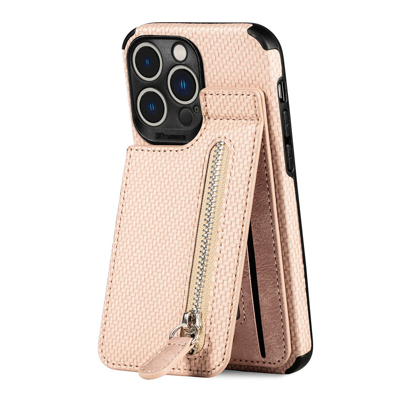 "Svart och kaki plånboksfodral för iPhone med kolfiberläder och magnetlås, kreditkortshållare och stötskydd."