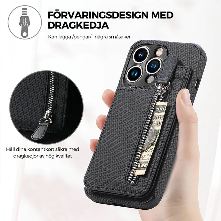 "Svart och kaki plånboksfodral för iPhone med kolfiberläder och magnetlås, kreditkortshållare och stötskydd."