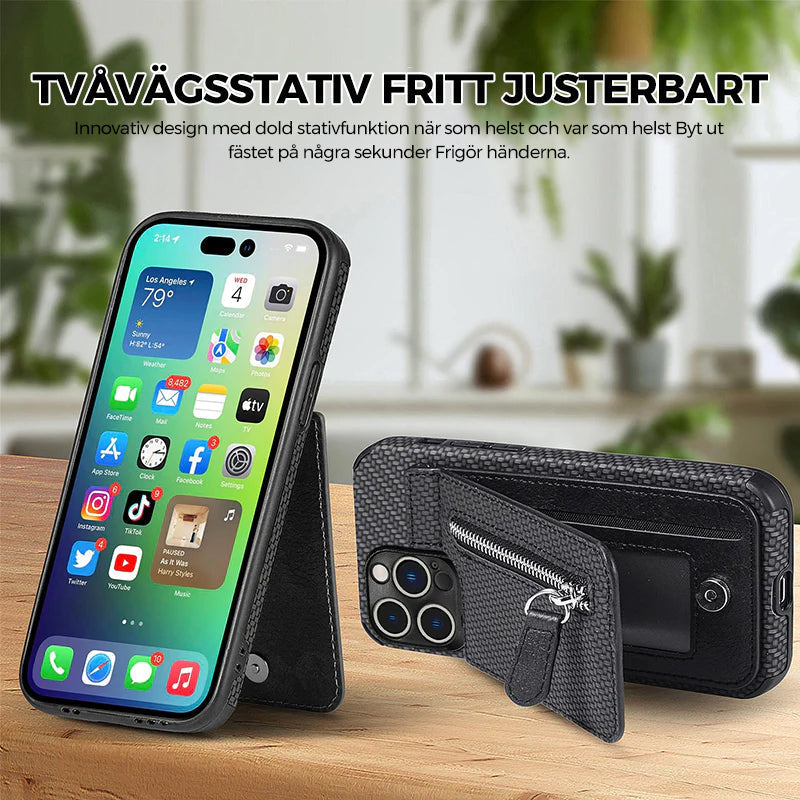 "Svart och kaki plånboksfodral för iPhone med kolfiberläder och magnetlås, kreditkortshållare och stötskydd."