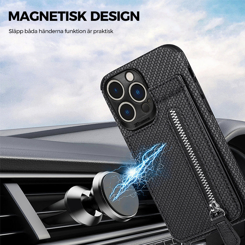 "Svart och kaki plånboksfodral för iPhone med kolfiberläder och magnetlås, kreditkortshållare och stötskydd."