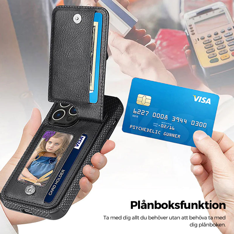 "Svart och kaki plånboksfodral för iPhone med kolfiberläder och magnetlås, kreditkortshållare och stötskydd."
