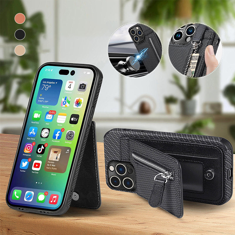 "Svart och kaki plånboksfodral för iPhone med kolfiberläder och magnetlås, kreditkortshållare och stötskydd."