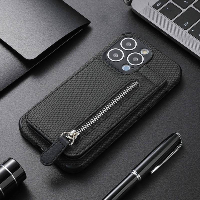 "Svart och kaki plånboksfodral för iPhone med kolfiberläder och magnetlås, kreditkortshållare och stötskydd."