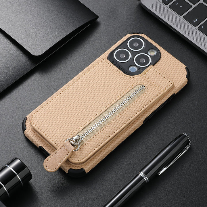 "Svart och kaki plånboksfodral för iPhone med kolfiberläder och magnetlås, kreditkortshållare och stötskydd."