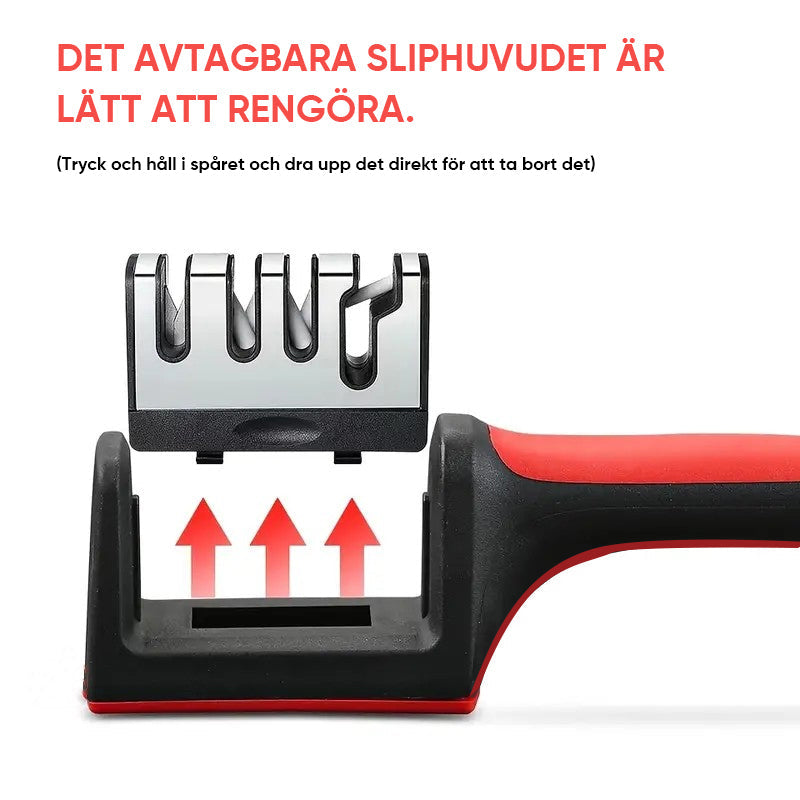 "Svart och röd knivslipare med fyra slipsteg; perfekt för precisionsslipning av kockknivar och skalknivar i köket."
