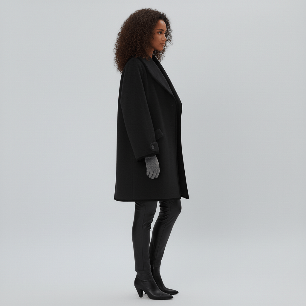 Stephanie svart kappa, oversized modell med huva, perfekt för en urban stil.