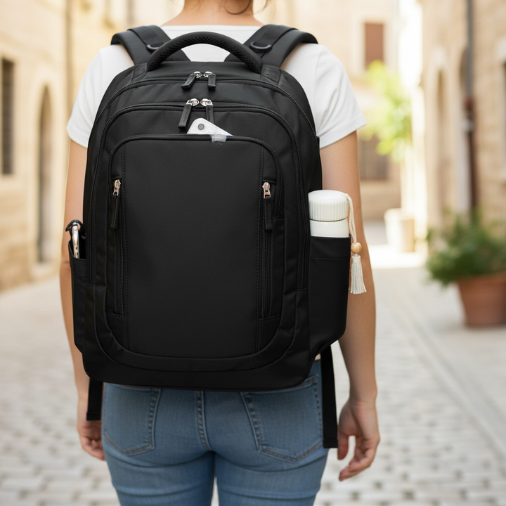 Svart PackMax rullväska/ryggsäck, perfekt som handbagage. Bekväm unisex weekendväska med hjul & laptopfack.