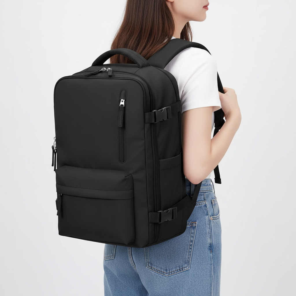 Mångsidig PackMax ryggsäck med hjul. Svart resväska för weekendresor, perfekt som handbagage.