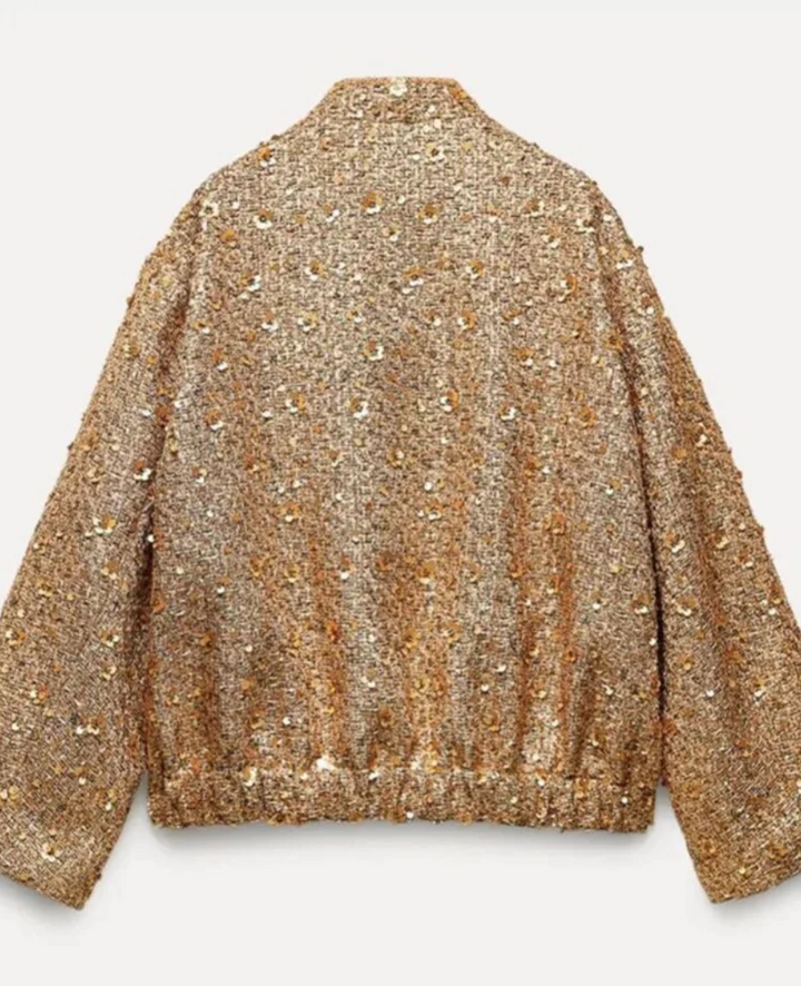 Kvinnors festjacka i paljettdesign, svart, visar hela silhuetten, perfekt för en glamorös look.
