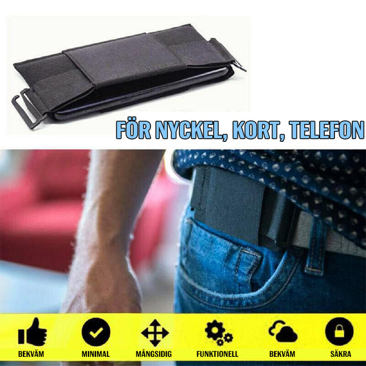 "Svart polyester unisex dold mini bälte plånbok, kompakt och diskret design, perfekt för kort och telefon."