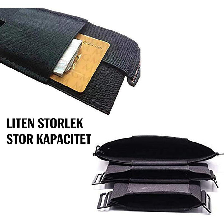 "Svart polyester unisex dold mini bälte plånbok, kompakt och diskret design, perfekt för kort och telefon."