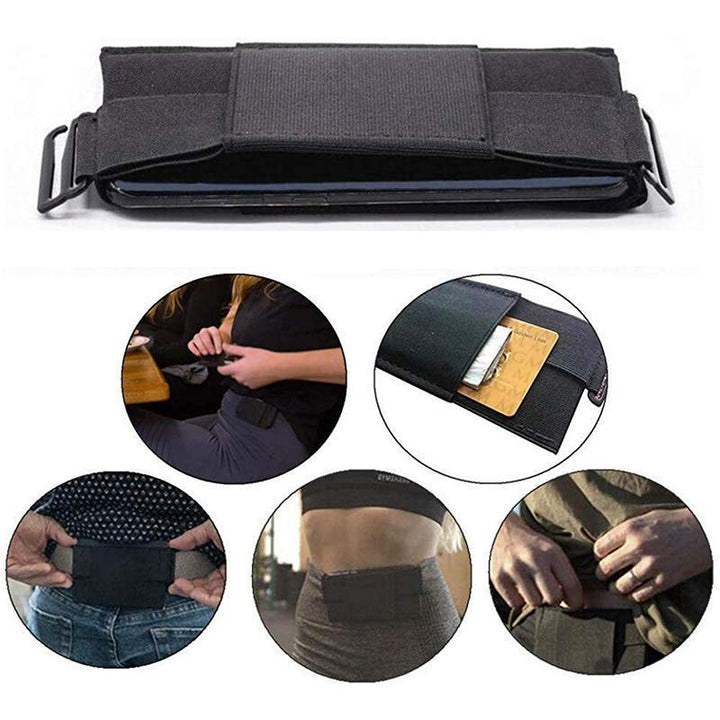 "Svart polyester unisex dold mini bälte plånbok, kompakt och diskret design, perfekt för kort och telefon."