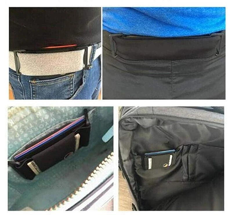 "Svart polyester unisex dold mini bälte plånbok, kompakt och diskret design, perfekt för kort och telefon."