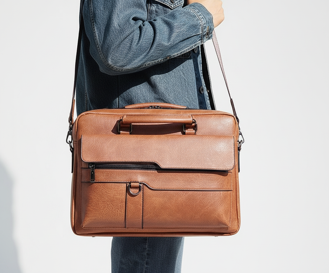 Elegant brun laptopväska 14 tum i läderlook. Stilren axelväska för kontoret, retrodesign.