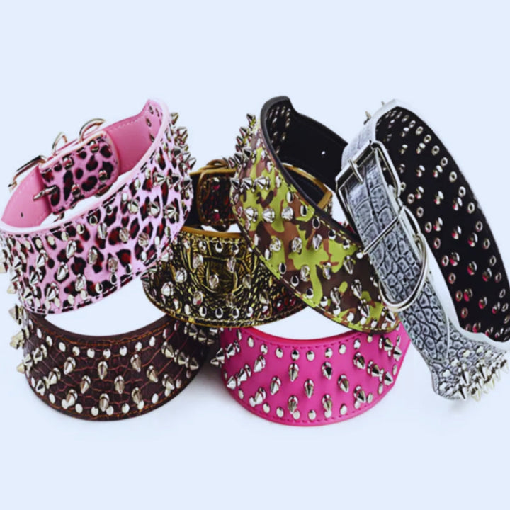 Hållbart hundhalsband med metallnitar. Punkdesign för medelstora hundar. Komfort och säkerhet.