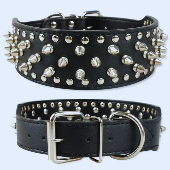 Svart punk-hundhalsband med silvernitar. Hållbart och bekvämt för stora, starka hundar.