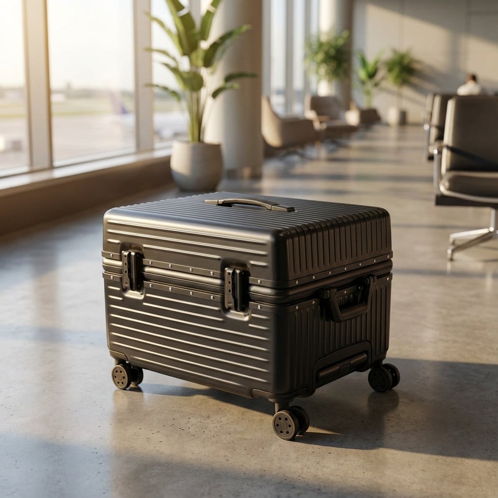 Svart robust handbagage hardcase med aluminiumram, perfekt för smidiga flygresor och weekend.