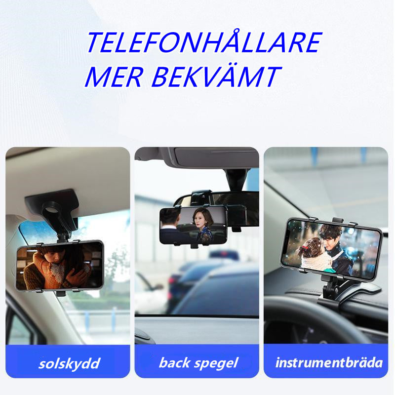 "Svart roterbar telefonhållare för bil, 360 graders justering, lätt att montera, universell passform för smartphones."