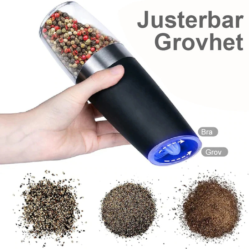 "Svart-silver elektrisk salt- och pepparkvarn med gravitationsinduktion, hållbar design i rostfritt stål och glas."